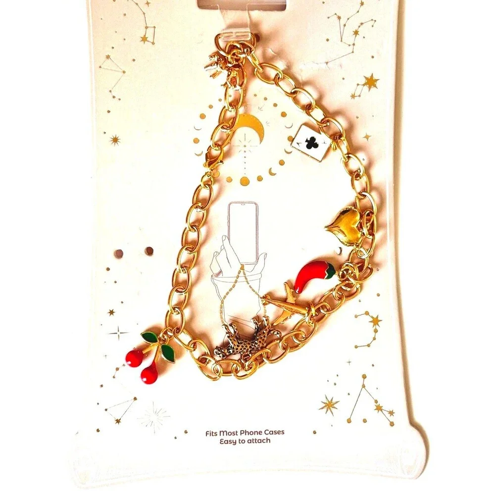 Phone Charm Bracelet Gold Chain Cherry Pepper Heart Lock Key Cute Y2K